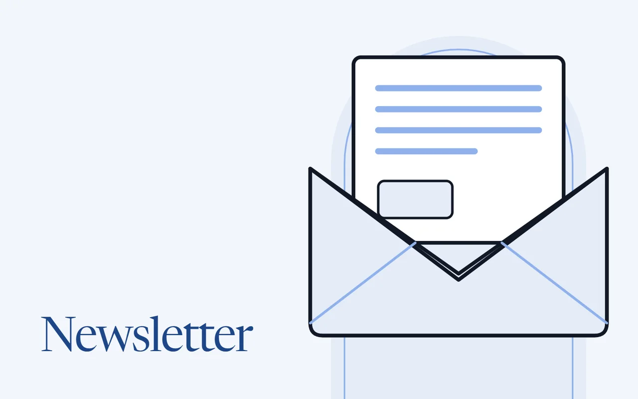 An envelope with a newsletter page rising out of it