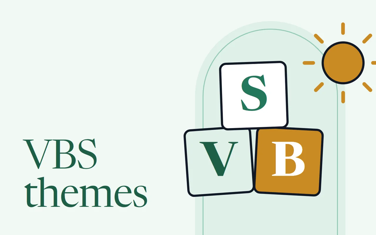 Three alphabet blocks spelling V, B and S under a drawn sun