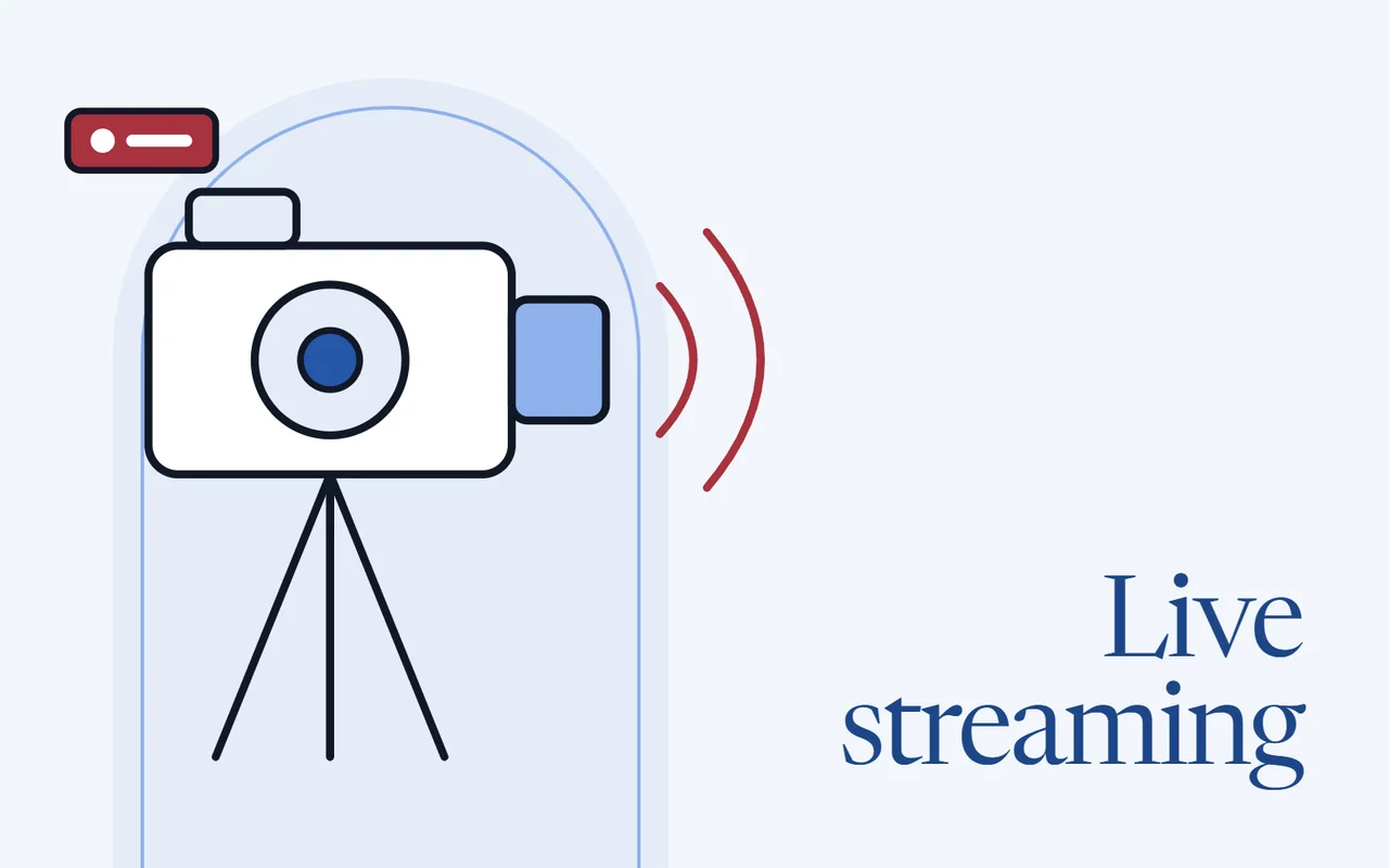 A video camera on a tripod sending out broadcast waves