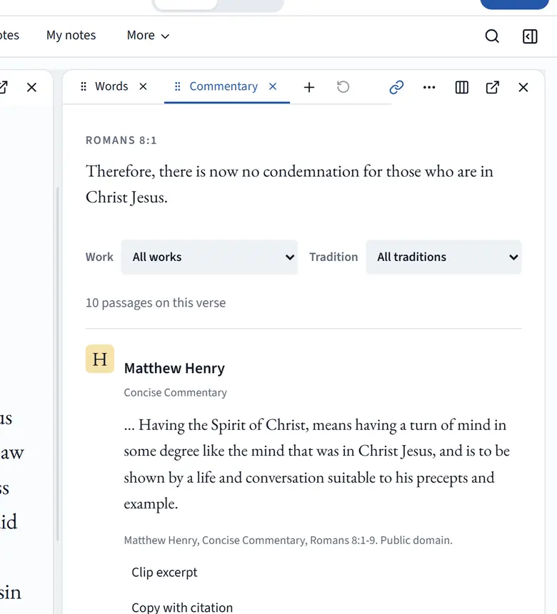 Berean Blue’s Commentary pane for Romans 8:1, with Matthew Henry’s Concise Commentary