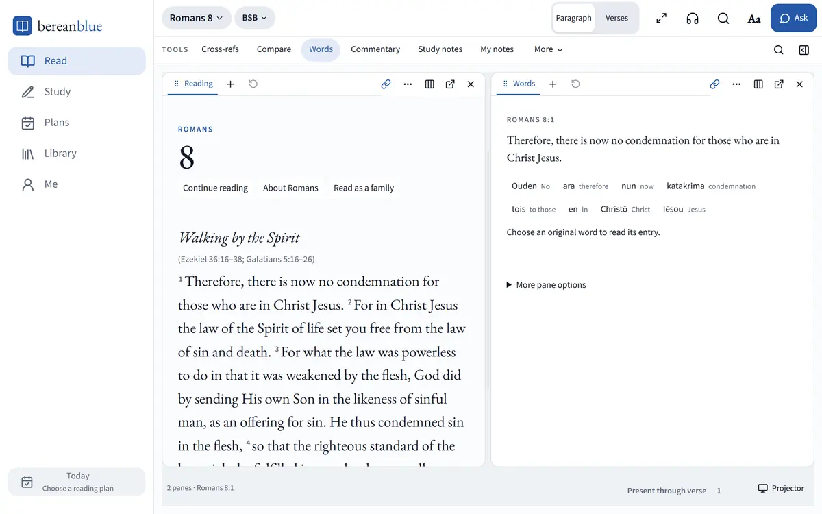 Berean Blue’s Words pane for Romans 8:1, with each Greek word and its meaning