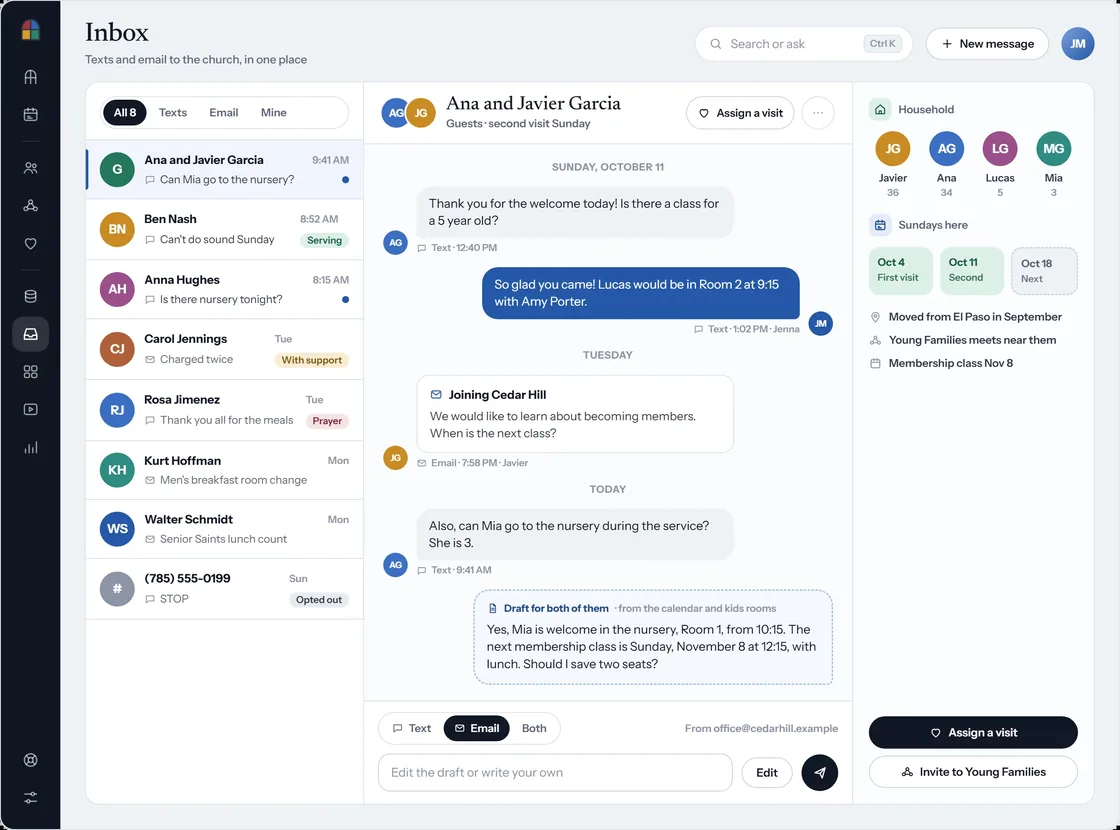 The shared inbox, with a conversation with a family about the nursery