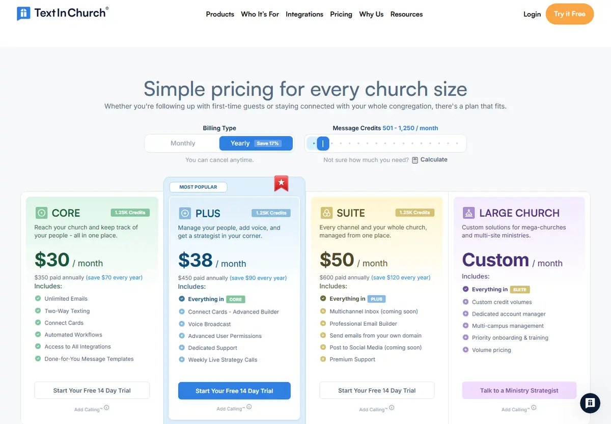 Text In Church's pricing page reading Simple pricing for every church size, with Core, Plus, Suite and Large Church plans and a slider for message credits