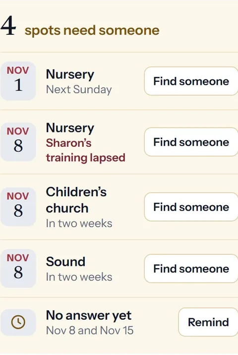 Four volunteer spots that need someone, with their November dates