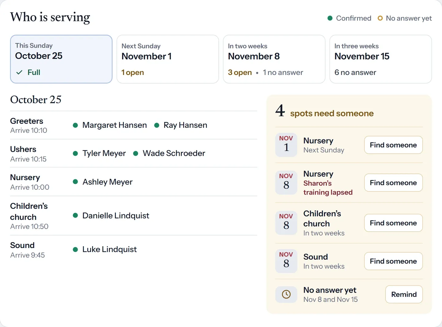 Who is serving: four Sundays with their open spots, the October 25 team by role, and four spots that need someone, each with a Find someone button