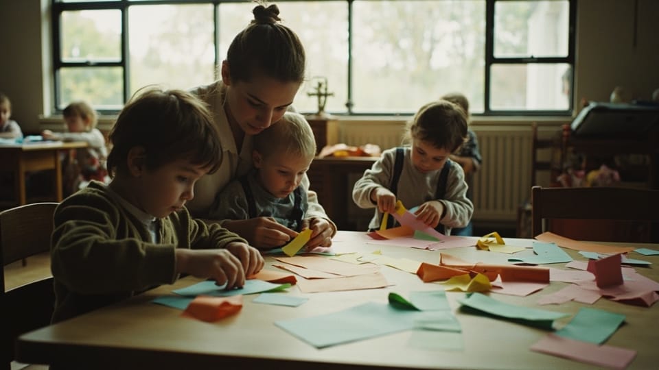 Children cutting colored paper at a low table while an adult helps one of them