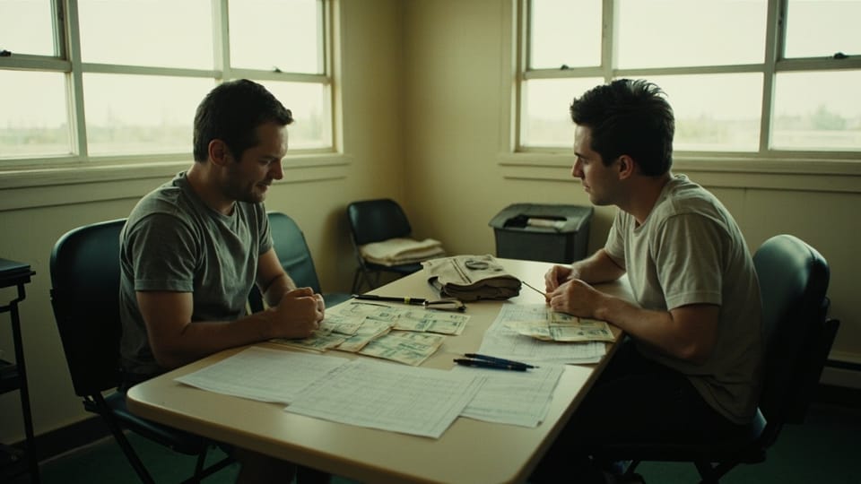 Two men sitting on opposite sides of a folding table in a bare pale room with tall bright windows, loose banknotes and papers spread across the table between them, two pens and ruled tally sheets on the near edge, a canvas pouch in the middle