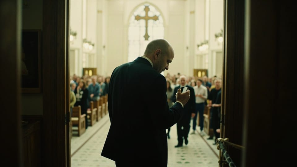 A man in the doorway at the back of a full church looking down at a phone in his hand