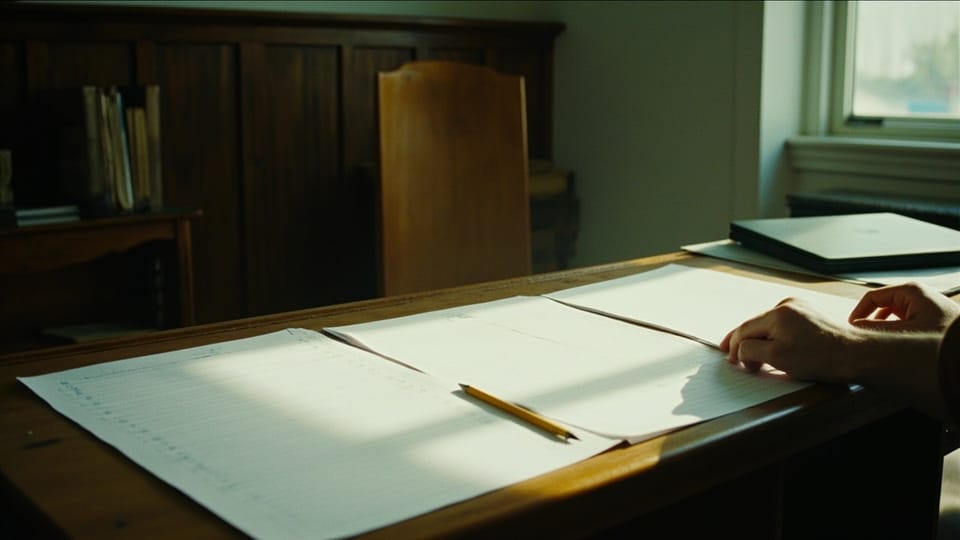 Sunlight across a wood paneled office desk holding three printed sheets spread side by side, a pencil laid across the middle one, one hand resting at the edge of the papers beside a closed laptop