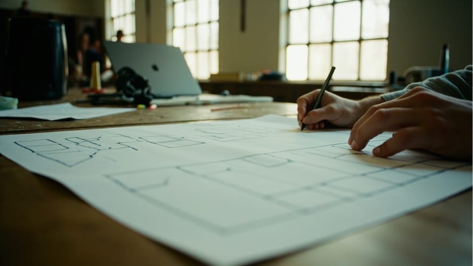 Hands drawing a page layout in boxes on a large sheet of paper, a laptop open behind it
