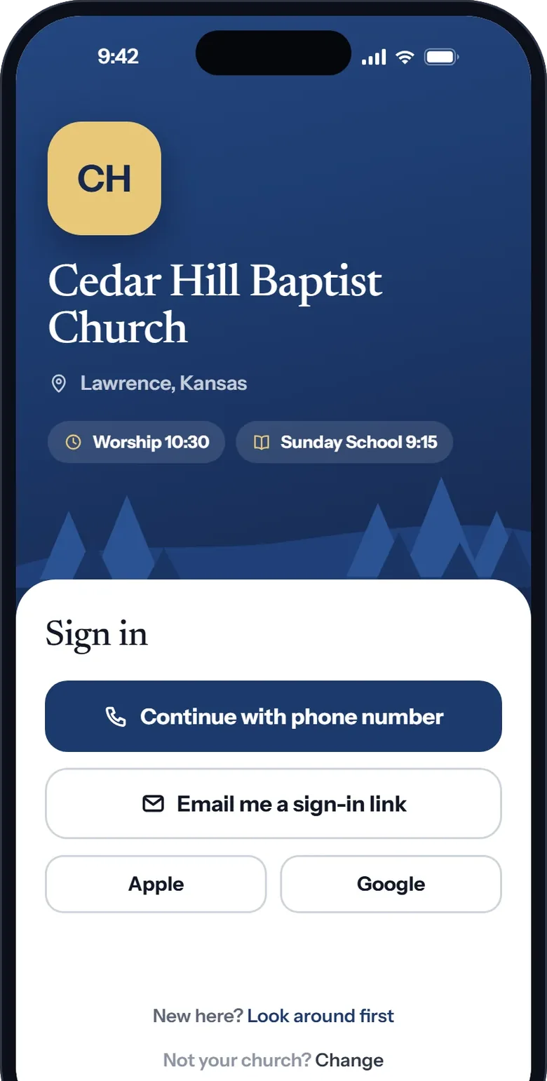 A sample church's sign-in screen, in its own navy with its gold initials, offering a phone number, an email link, Apple or Google