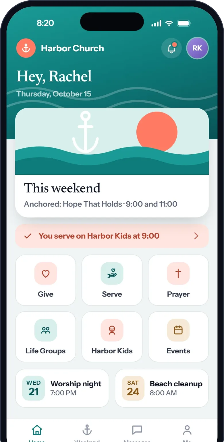 A sample church's own app in its teal and coral: a greeting, This weekend with the sermon series, the member's serving job, and tiles for Give, Serve, Prayer, Life Groups, Harbor Kids and Events