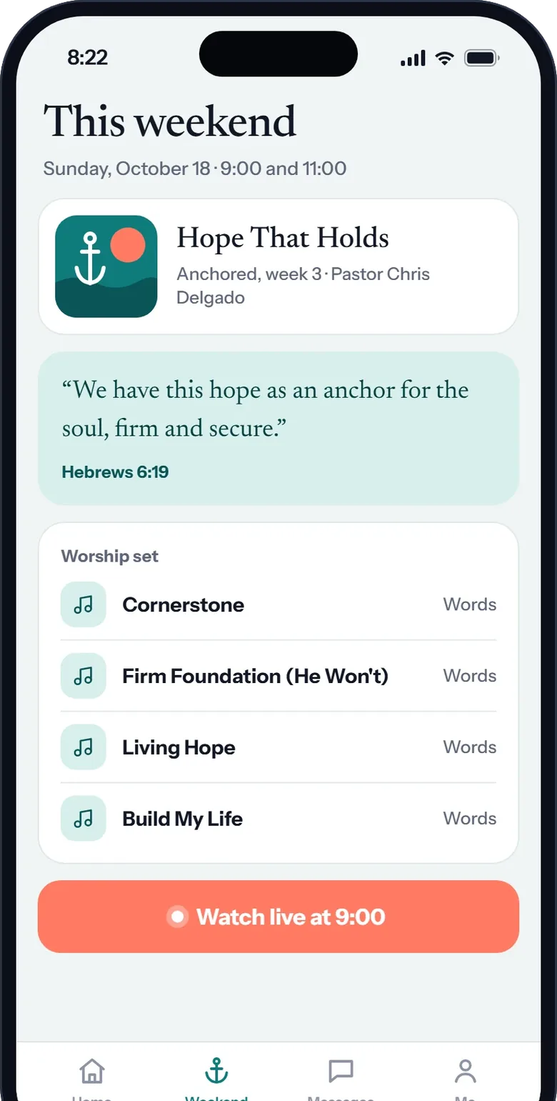This weekend in the same church's app: the sermon, a verse card, the worship set with words, and a button to watch live