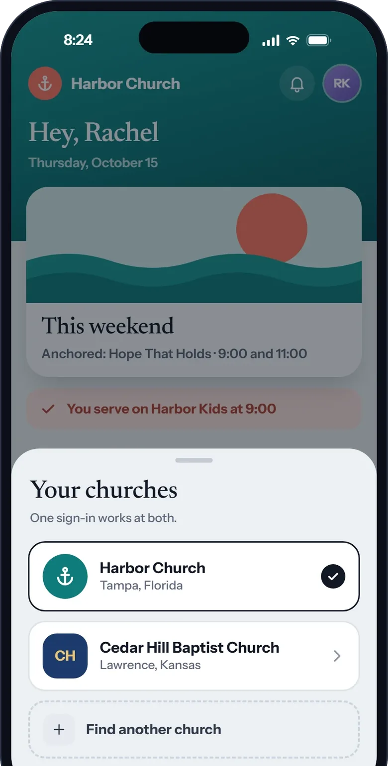 Your churches: a member who belongs to two churches switches between them, with one sign-in for both