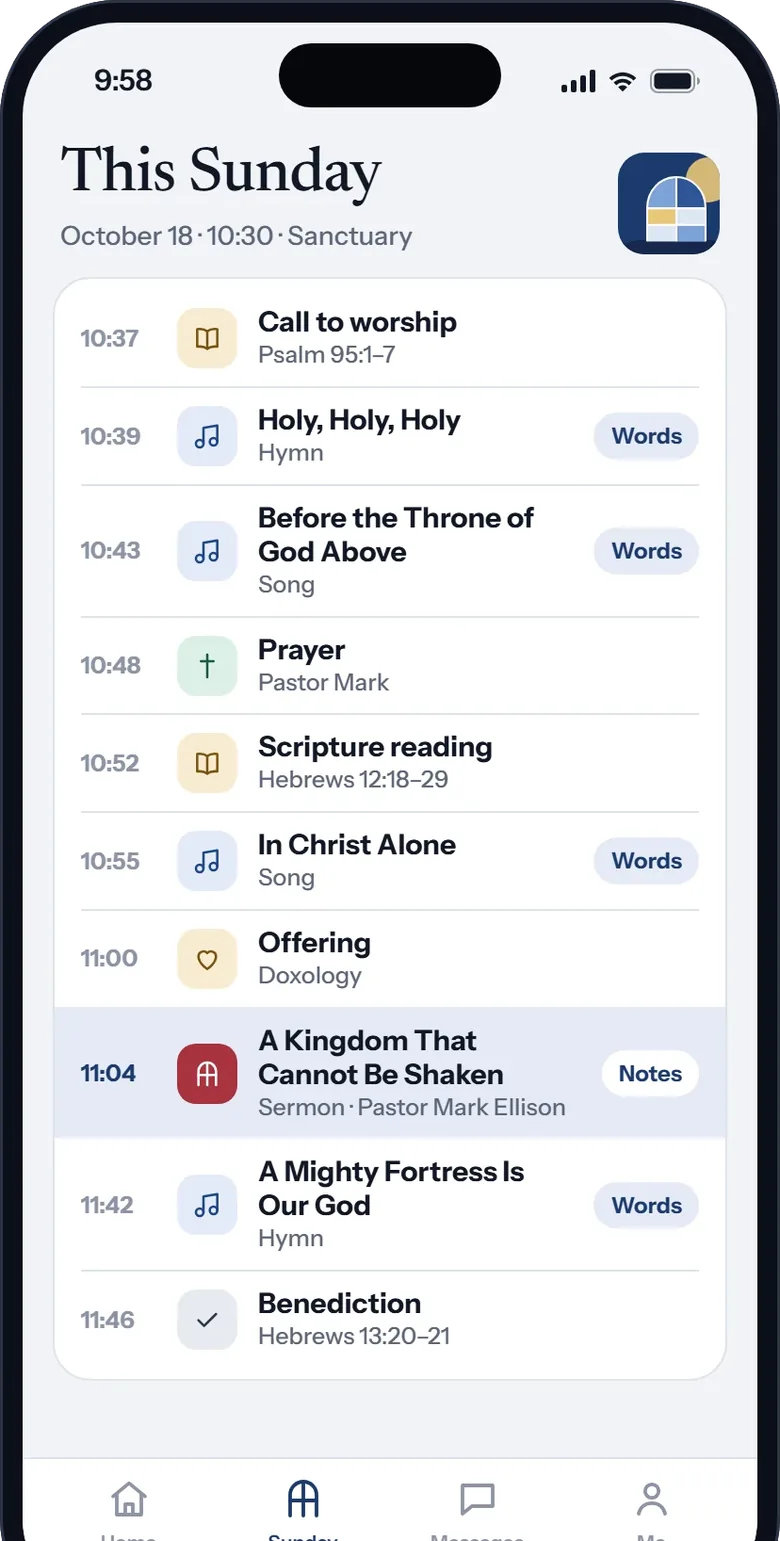 This Sunday: the order of service with times, and a Words button beside every song