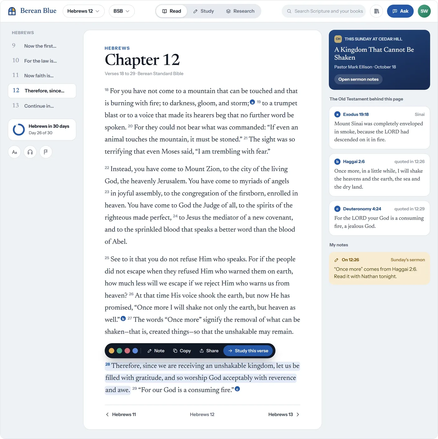The Read desk in Berean Blue: Hebrews 12 in large serif type, the chapter list at the left, a card for this Sunday's sermon at a sample church, the Old Testament passages behind the chapter, and the reader's own note