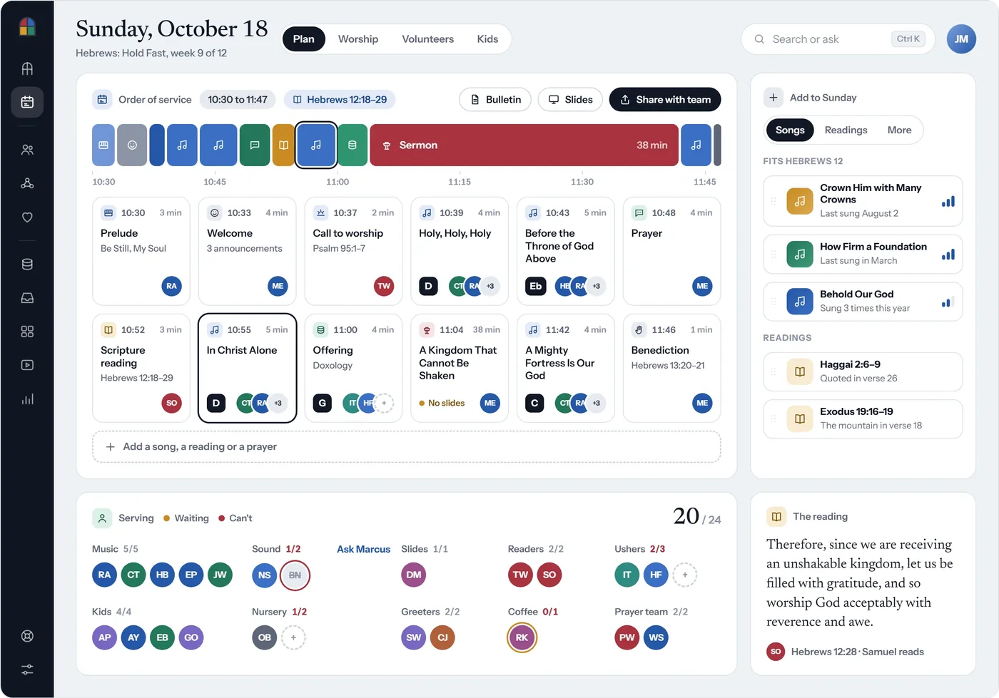 The Sunday plan in Covenant OS for a sample church: the order of service as a row of colored segments on a timeline, a card for each song, reading and prayer with who leads it, the teams serving, and the reading for the day