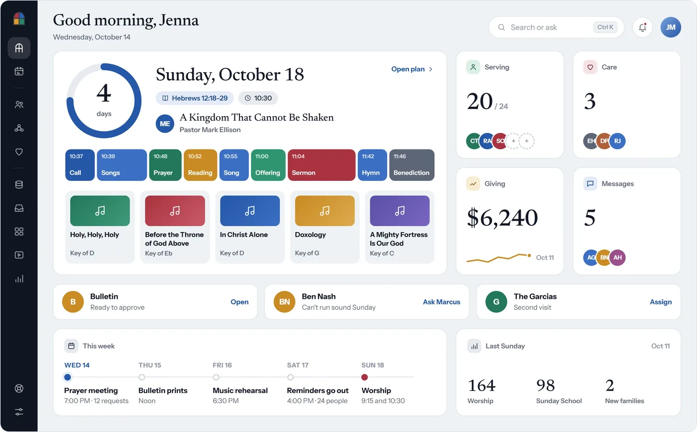 The Today screen: the coming Sunday with its sermon, a ring counting the days to it, the order of service as colored segments, the songs, and tiles for serving, care, giving and messages