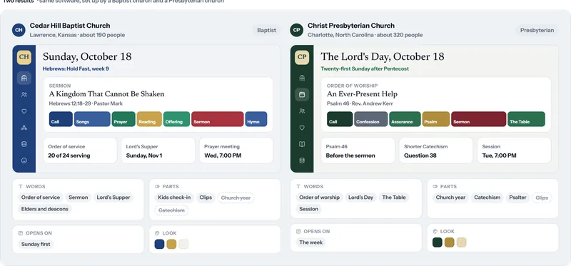 The same software set up by two sample churches: a Baptist church with Sunday, sermon and the Lord's Supper in navy and gold, and a Presbyterian church with the Lord's Day, the church year and the catechism in green